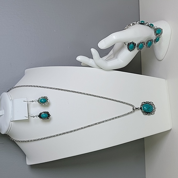 Bohemian Jewelry Set Fashion Faux Turquoise Earrings Bracelet Necklace Boho - Picture 1 of 9